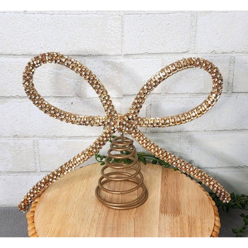 Gold Rhinestone Bow Christmas Tree Topper 12" Glam Bling Holiday Shabby Chic NEW
